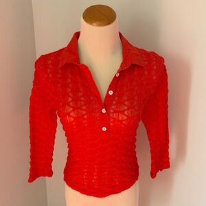 Free People Red Textured Button-Down Knit Shirt